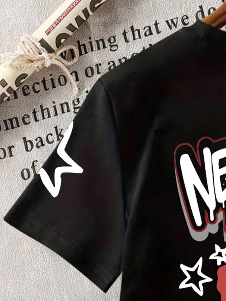 Cartoon Character & Slogan Print Round Neck Short Sleeve Casual T-Shirt For Boys - Black - View 5