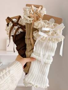 1/2/4/6双装女士彩色蝴蝶结蕾丝边过膝保暖腿套，可爱时尚，适合春、夏、秋、冬四季穿着 - 彩色 - 查看 5