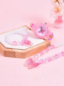 3件套女孩礼物：3D蝴蝶软硅胶表带儿童手表、创意LED发光石英学生手表、奢华公主亚克力蝴蝶项链手链首饰套装 - 粉色 - 查看 7