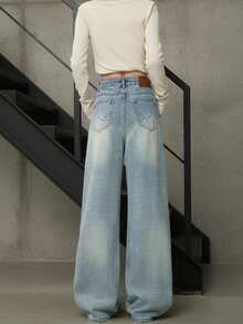 YEAE | Fashionable Retro High Waist Straight Leg Wide Leg Jeans, Casual Versatile American Style Long Pants For Women - Dusty Blue - View 3