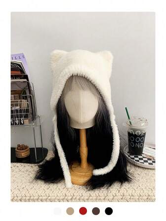 1 件装黑色毛绒猫耳针织帽，带小纽扣，秋冬保暖毛绒护耳帽，女士适用