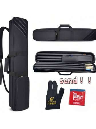 3*4 Pool Cue Case Pool Stick Case Black Holds 3 Heads And 4 Shafts, Holds Cues And Accessories, Front Accessory Pocket, Adjustable Shoulder Strap, Comes With Gloves, Chalk