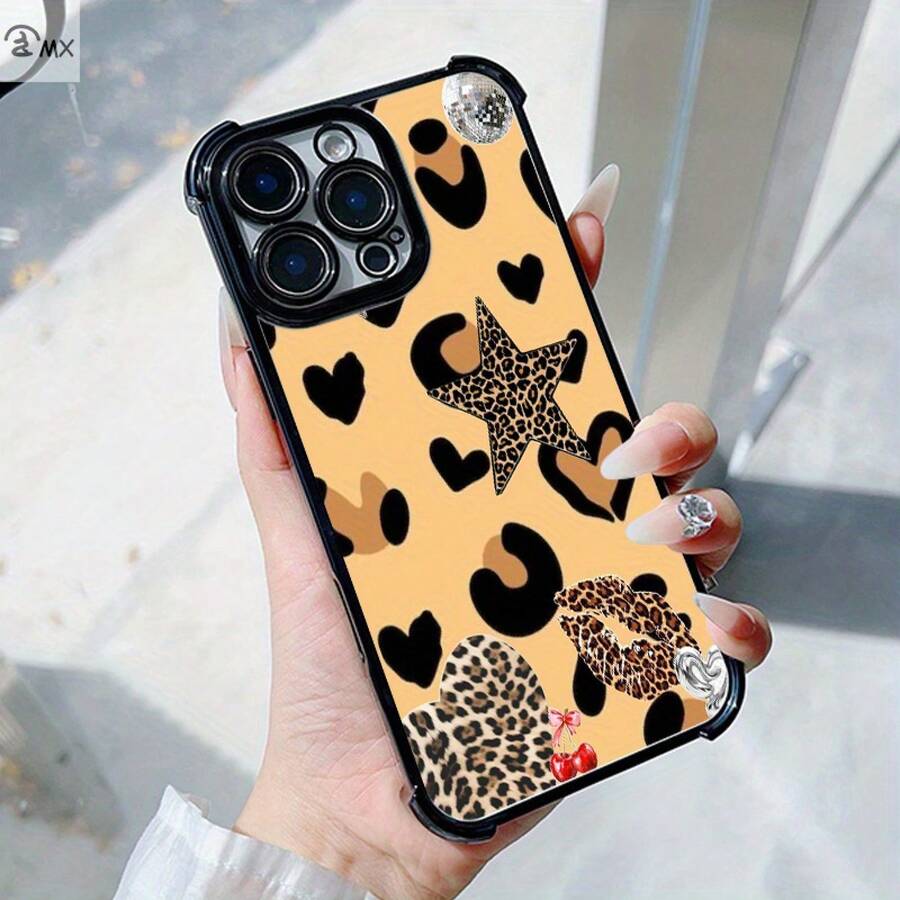 Funda de Teléfono con Diseño de Estampado de Leopardo y Elemento Decorativo para 16, 16e, 16 Plus, 16 Pro, 16 Pro Max, 15, 15 Plus, 15 Pro, 15 Pro Max, 14, 14 Plus, 14 Pro, 14 Pro Max, 13, 13 Pro, 13 Pro Max, 12, 12 Pro, 12 Pro Max, 11, 11, 11 Pro Max, 7, 8, X, XS, Antimanchas, a la Moda, a Prueba de Golpes en las Cuatro Esquinas - Colores mixtos - Ver 1