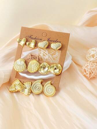 12pcs Assorted Gold-Tone Earrings Set, Versatile For Daily Wear, Gatherings, Gifting, And Accessorizing
