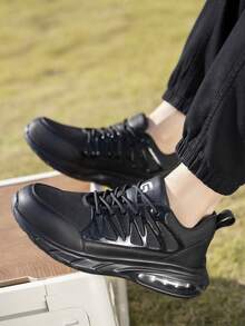 GUYISA Steel Toe Safety Shoes, Anti-Smash & Anti-Puncture, Fashionable Breathable Black Patchwork Design, Lightweight Air Cushion Soft Sole, Functional Shoes For Men,