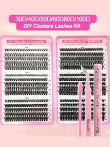 Rikuaild 590片假睫毛套装，D卷度分别为30D+40D+50D+60D+80D+100D，自然蓬松柔软，包含睫毛胶、镊子和睫毛刷，方便DIY佩戴。 - 彩色 - 查看 8