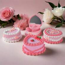 Heart-Shaped Jewelry Organizer With Mirror & Drawer - Realistic Strawberry Cream Cake Design, Pink And White Plastic Desktop Storage Box, Suitable For Necklaces, Earrings, Headbands - Valentine's Day/Mother's Day Gift, Jewelry Gift Box, Romantic Aesthetic Decoration. - hộp đựng đồ trang sức - Xem 12