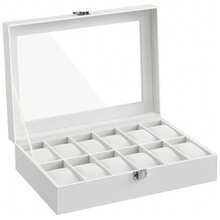 Caja de Relojes con 12 Compartimentos, Estuche de Relojes con Tapa de Cristal, Cojín Extraíble, Cierre Metálico, Regalo, Cuero Sintético Blanco y Forro Blanco - Blanco - Ver 7