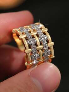 1pc Luxury Dual-Tone Hollow Knitted Couple Wedding Ring, Fashion Geometric Cubic Zirconia Copper Ring, Women's Birthday, Date, Engagement, Christmas Gift - Yellow Gold - View 2