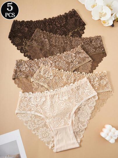 Set de 5 bragas de algodón con adorno de encaje