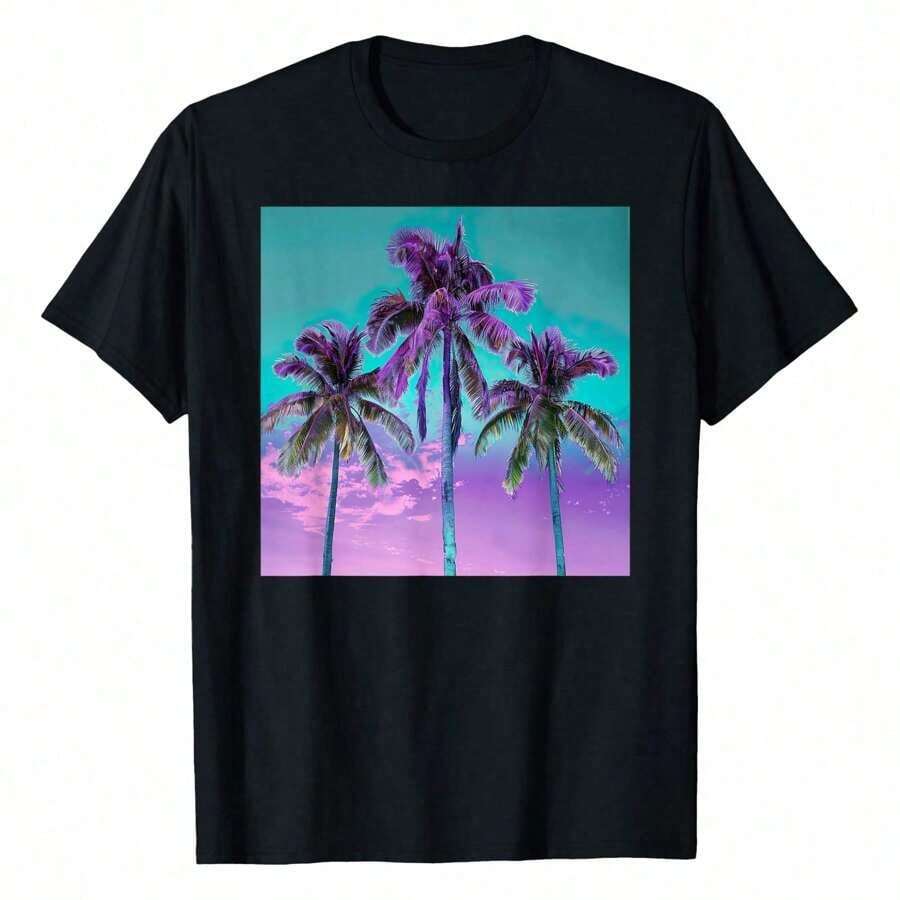 Camiseta de Hombre de Algodón de Manga Corta con Diseño de Palmera Tropical en Verde Azulado, Turquesa y Púrpura, Perfecta para Aventuras de Verano, 100% Tela Suave, Ideal para Deportes, Trabajo y Relajación - Negro - Ver 1