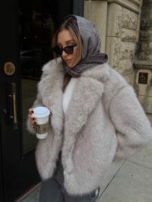 冬季女士翻领仿皮草夹克带口袋时尚长袖保暖蓬松外套 - 淺灰色 - 查看 2