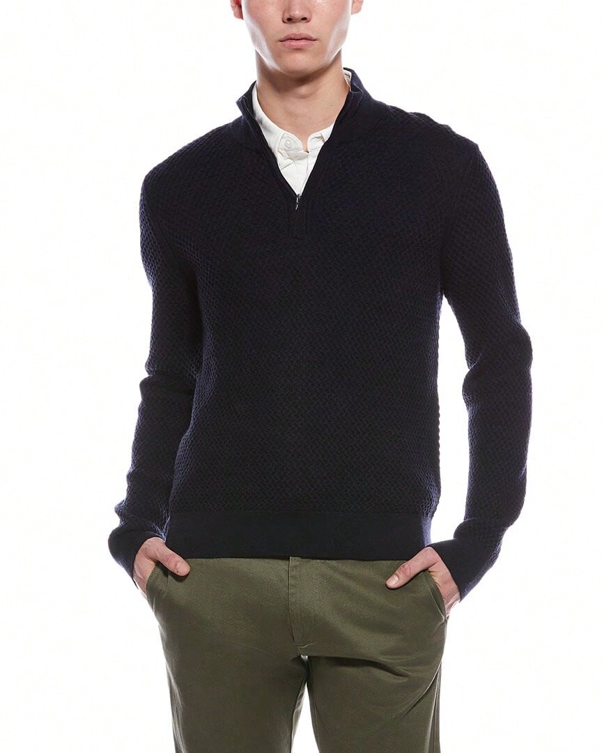 Bruno Magli Textured 1/4-Zip Merino Wool Mock Neck Sweater - Navy - View 1