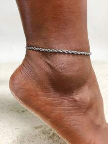 Nooxian 1pc Women's Stainless Steel Twisted Chain Anklet, Versatile Daily Accessory - Silver - View 3