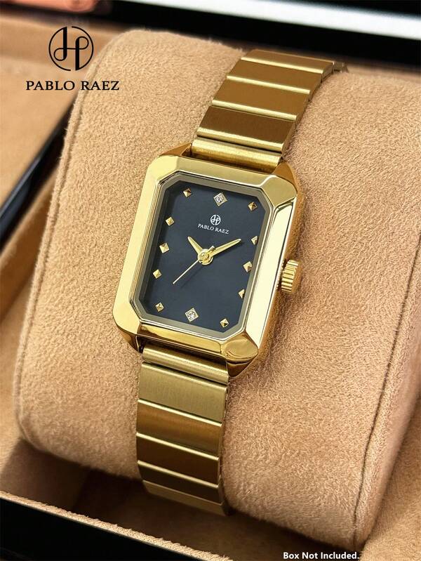  Pablo Raez 18K 金优雅女士腕表，复古金色不锈钢女士长方形腕表，奢华原创珠宝，永不褪色女士正装腕表，钢制金属表带，方形表壳，顶级全新 AAA 级设计复古腕表。