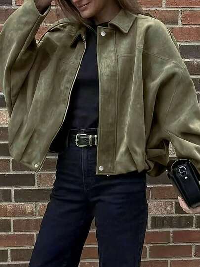 Plus Size Regular Length Jacket With Bat Sleeves, Zipper & Button Details, Pleated Hem, Women's Fashion Knit Fabric Long Sleeve Coat, Streetwear Style Comfortable Loose Lightweight Autumn Jacket