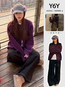 Y6Y 2026 New Autumn/Winter Korean Style Purple Women's Lazy High-End Loose Slimming Knit Sweater Cardigan Jacket - Purple - View 6