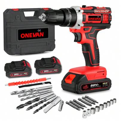 ONEVAN 2 Gear Electric Impact Drill Cordless Multifunctional 25+3 Torque Screwdriver Drill Power Tool Set