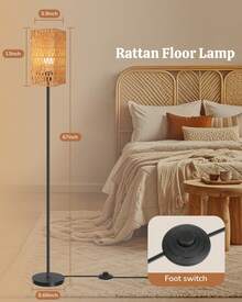 Floor Lamp For Living Room,Farmhouse Rattan Floor Lamp,Modern Standing Lamp With Hand-Worked Rattan Shade,Black Tall Lamp With Foot Switch (Square Shade) - Xem 6