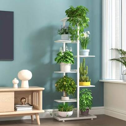 7-Tier 8-Pot Plant Stand With Wheels, Space-Saving Indoor Plant Shelf For Multiple Plants, Durable Steel Frame For Living Room, Patio, Balcony Decor