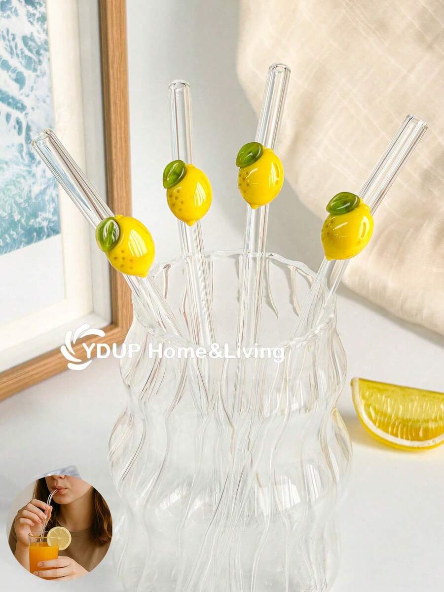1/2/4 pièces Pailles en verre réutilisables transparentes incurvées avec tranches de citron jaune de dessin animé, brosse de nettoyage et embout de paille pour thé au lait, soda, eau pétillante, smoothies, maison, café, fête d'été, Pâques, fête des pères, cadeau pour amis et amoureux - Style 3 - Voir 1
