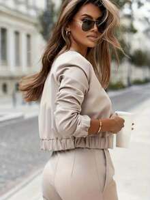 Conjunto de 2 piezas de chaqueta con botones y cuello y pantalones largos de unicolor elegante y casual para mujer, adecuado para la oficina, el transporte y el uso diario, conjunto de manga larga para primavera - Albaricoque - Ver 7