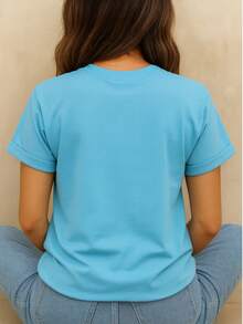 Camiseta de manga corta con estampado LAPIZ, de cuello redondo, playeras para mujer, blusas gráficas para mujer - Azul - Ver 2