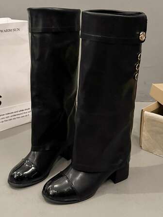 Botas de tacón grueso hasta la pantorrilla con decoración de botones, botas altas de moda con diseño de parches y punta redonda