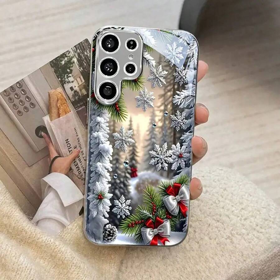 Funda de Teléfono de Vidrio Electrochapado de Navidad para iPhone 17air/16E/15/14/13/12/11 Pro, Promax, Plus, X/XS/XSmax, Compatible con Samsung Galaxy S20FE/S21FE/S22/S23FE/S24FE/S25edge Plus, Ultra, Buena Agarre, Protección de Borde Suave, Adecuada para Hombres y Mujeres - Plateado - Ver 1