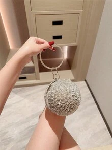 Women's Fashion Rhinestone Glitter Ball Shaped Evening Clutch Handbag, Formal Party Shoulder Bag - Silver - View 1