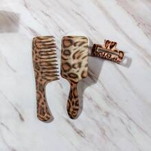 3-In-1 Leopard Print Hair Set: 1 Pc Leopard Print Air Cushion Massage Brush + 1 Pc Leopard Print Wide Flat Comb + 1 Pc Leopard Print Hair Clips, Suitable For Everyday Use At Home And Salon Styling, Perfect Gift For Family And Friends - Leopard - View 5
