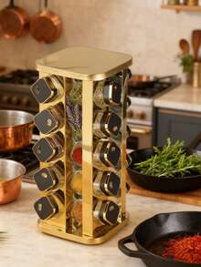 360° Rotating Spice Rack, Easy To Clean Multi-Layer Storage Rack, Stainless Steel High-Quality Rotating Seasoning Rack, 360° Smooth Rotation, Modern Kitchen Storage Organizer, 360° Rotating Seasoning Set, Multi-Layer Countertop Storage, Kitchen Condiment Jar Organizer - Gold - View 2