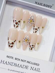 nailrosy 10 pezzi di unghie finte acriliche realizzate a mano, con stampa leopardata color albicocca, forma mandorla lunga e chiara, decorazioni floreali 3D, accessori per unghie per matrimoni, feste di compleanno, stile Y2K, unghie francesi carine, gel per intaglio 3D e fiori