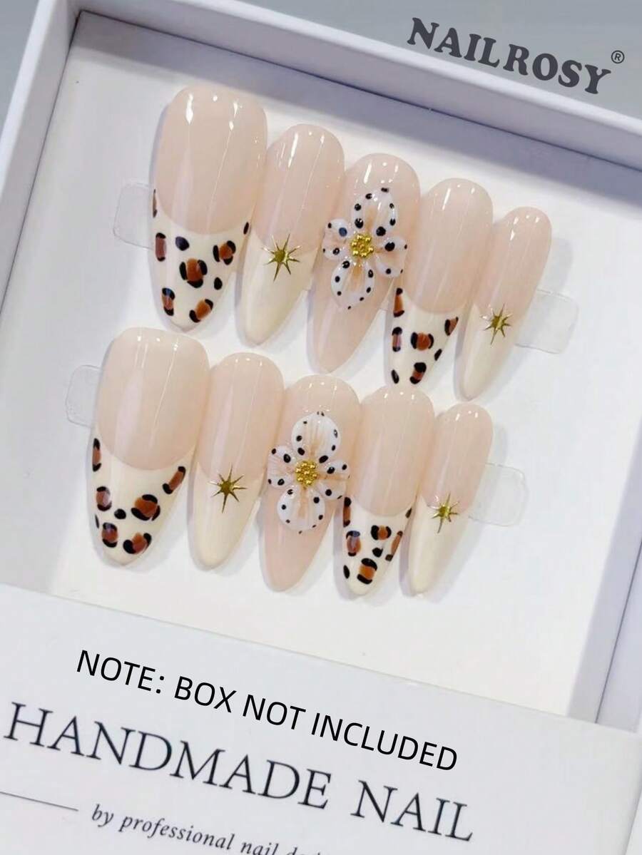 nailrosy 10 pezzi di unghie finte acriliche realizzate a mano, con stampa leopardata color albicocca, forma mandorla lunga e chiara, decorazioni floreali 3D, accessori per unghie per matrimoni, feste di compleanno, stile Y2K, unghie francesi carine, gel per intaglio 3D e fiori