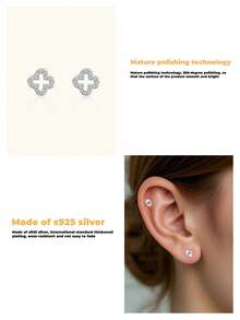 1对S925纯银奢华微镶全钻镂空四叶草耳钉，男女皆宜，时尚优雅，精致小巧，适合敏感耳，日常、休闲、派对、婚礼、送礼皆宜，四季皆可佩戴。