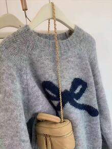 Women's Bow Knit Sweater, Fitted Crew Neck Pullover, Cute & Youthful Style, Suitable For Spring - Grey - View 3