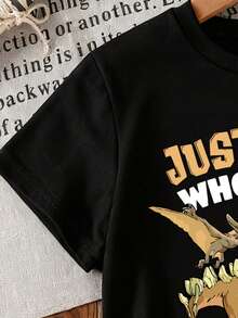 男童卡通恐龙印花圆领短袖休闲T恤 - 黑色 - 查看 4