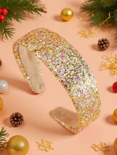 1pc Girls' Red Glitter Headband, Fashionable Wide Shiny Green/Silver/Gold Headband Suitable For Daily Wear Or Christmas