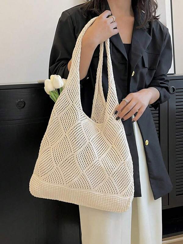 Bolso de ganchillo hueco, bolsa de compras de gran capacidad, bolso de hombro tejido para mujer
