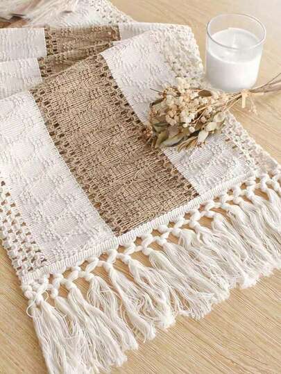 1 pieza/3 piezas Camino de mesa estilo bohemio, diseño rústico crema y marrón, inyecta un ambiente bohemio en la decoración del hogar, camino de mesa tejido de poliéster con flecos, adecuado para restaurante bohemio, dormitorio, decoración de sala de estar, con flecos
