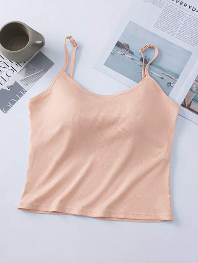 1件女士纯色罗纹吊带背心，带胸垫，休闲短款背心