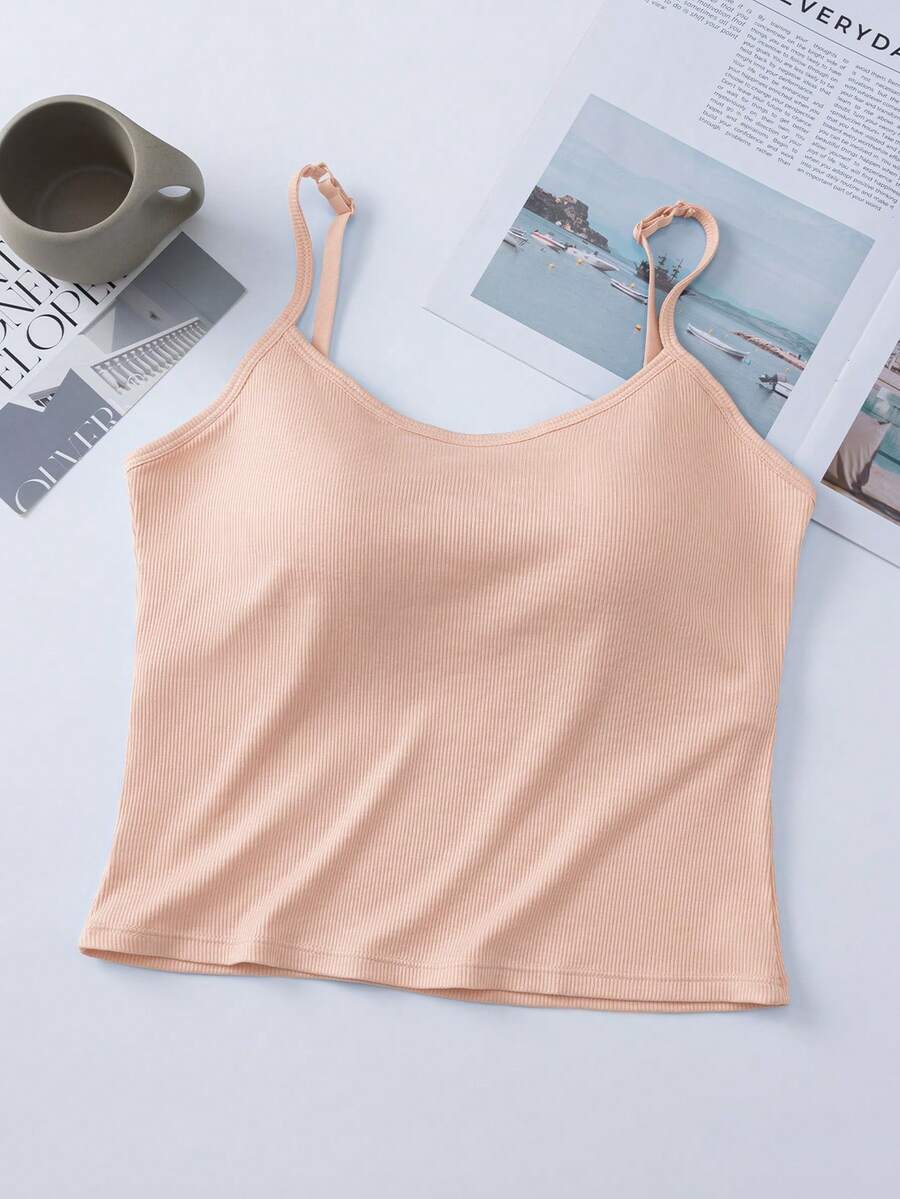 1 Áo hai dây gân màu trơn có đệm ngực dành cho nữ, áo ba lỗ ngắn thường ngày - Màu be - Xem 1