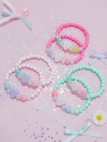 6pcs/Set Cute Heart Charm Beaded Bracelets For Girls, Random Colors, Suitable For Holiday Party, Birthday Gift - Multicolor - View 1