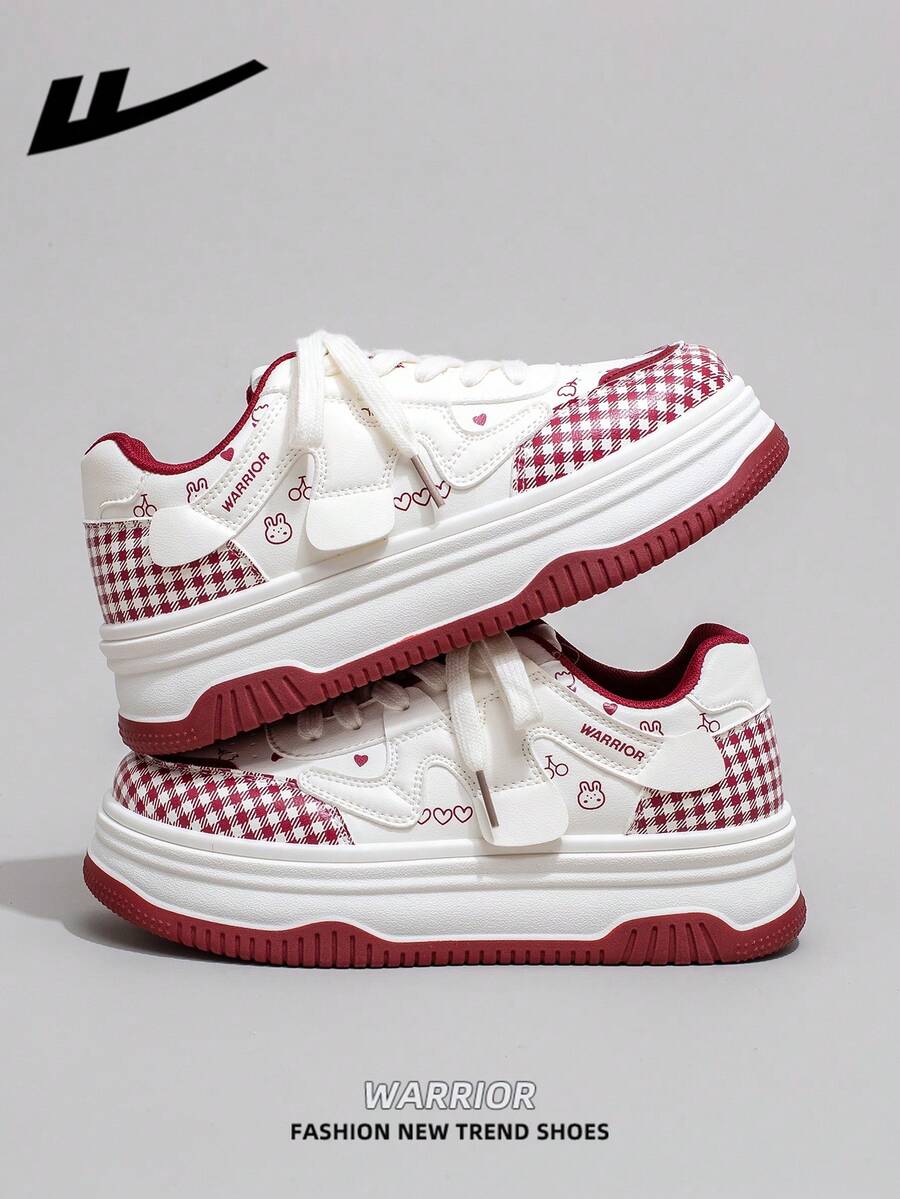 1 Pair WARRIOR Women's Thick Sole Lace-Up Soft Bottom Casual Shoes, Low-Top Outdoor Flat Shoes, Round Toe Low Heel Non-Slip Solid Color Elegant Soft Bottom Hiking Shoes, Suitable For Students, Graduation Photos, Flat Shoes, Women Leather Skate Sneakers - Rice/Wine Red - View 1