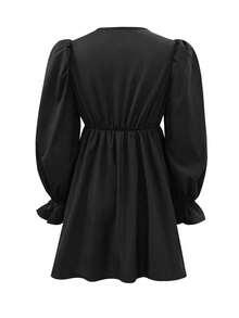 女士黑色复古法式优雅连衣裙，泡泡袖V领褶皱迷你裙，浪漫约会及派对装扮，完美的圣诞/新年正式晚礼服，秋冬派对礼服，新年女装 - 黑色 - 查看 9