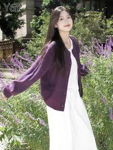 Y6Y 2026 New Autumn/Winter Korean Style Purple Women's Lazy High-End Loose Slimming Knit Sweater Cardigan Jacket - Purple - View 1