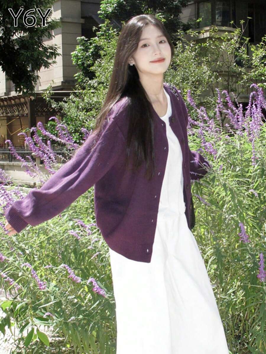 Y6Y 2026 New Autumn/Winter Korean Style Purple Women's Lazy High-End Loose Slimming Knit Sweater Cardigan Jacket - Purple - View 1