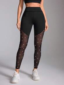 时尚女士网眼亮片紧身裤瑜伽紧身裤不透视短款高腰收腹裤适合跑步骑行瑜伽泡菜球运动休闲 - 黑色 - 查看 6