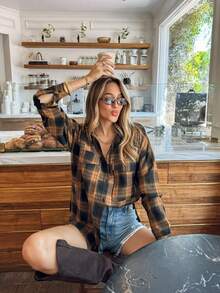 Women's Casual Plaid Long Sleeve Shirt With Tie Collar And Pocket, Regular Fit - Multicolor - View 3