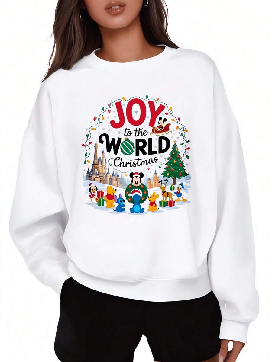 Sudadera navideña de en negro con el diseño festivo de y sus amigos con el mensaje "Joy to the World" para el invierno - Blanco - Ver 1